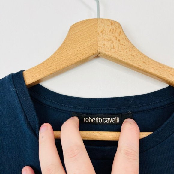 Roberto Cavalli Navy Blue Tiger Print Spell Out Logo Slim Fit T Shirt UK XXL - Picture 5 of 13